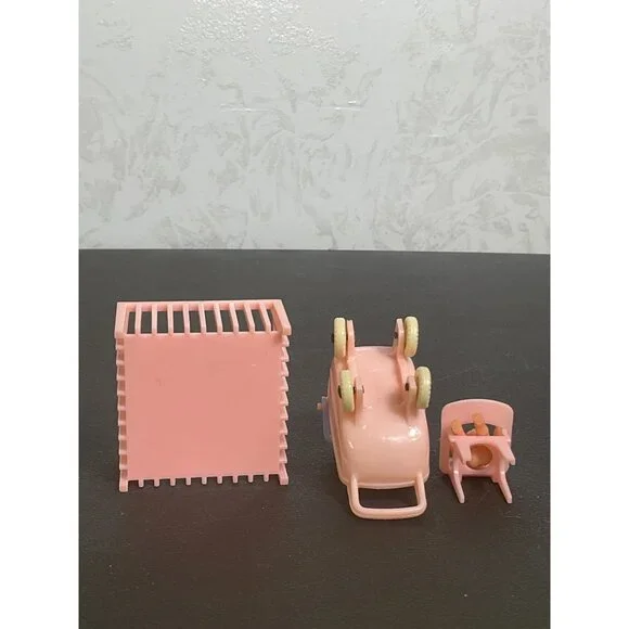 Vintage Pink & Blue Dollhouse Baby Accessories Set With Pram Crib & High Chair - Picture 6 of 6
